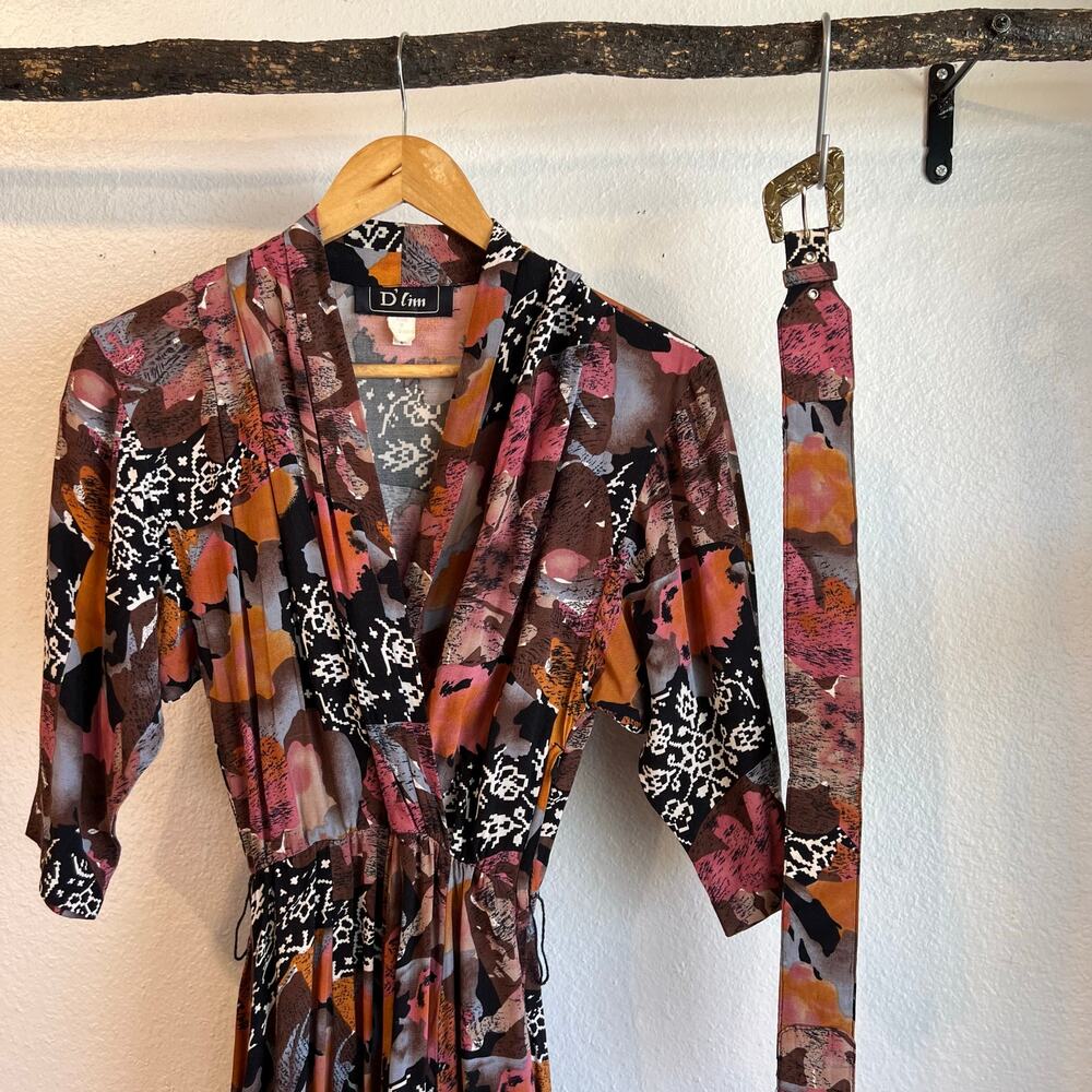 D' Lim Vintage Abstract Pink Floral Long Sleeve Dress with Belt Pockets Size XS